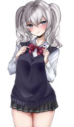 Rule 34 | 1girl, alternate costume, black skirt, blush, bow, bowtie, breasts, chigasaki yukari, hair between eyes, highres, kantai collection, kashima (kancolle), large breasts, long hair, long sleeves, pleated skirt, school uniform, silver hair, simple background, skirt, smile, solo, striped bow, striped bowtie, striped clothes, striped neckwear, sweater vest, twintails, wavy mouth, white background