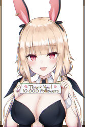 Rule 34 | 1girl, :d, animal ears, bare shoulders, blonde hair, blunt bangs, blush, breasts, center opening, cleavage, commentary, detached collar, english commentary, fake animal ears, fang, heart, highres, holding, holding sign, large breasts, linez, long hair, low twintails, milestone celebration, nail polish, notched ear, open mouth, original, rabbit ears, red eyes, red nails, sidelocks, sign, simple background, skin fang, smile, solo, strapless, thank you, twintails, upper body, white background, wrist cuffs