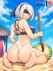 Rule 34 | 1girl, 2b (nier:automata), adapted costume, armpit crease, artist name, ass, barefoot, beach, bikini, black bikini, black blindfold, black nails, blindfold, blue sky, breasts, cloud, cloudy sky, commentary, covered erect nipples, day, english commentary, feet, food, from behind, fruit, full body, grey hair, hair over one eye, highleg, highleg bikini, holding, hut, large breasts, looking back, medium hair, mystra77, nail polish, nier (series), outdoors, parted bangs, parted lips, partially visible vulva, patreon logo, shiny skin, skindentation, sky, soles, surfboard, swept bangs, swimsuit, thighs, toenail polish, toenails, toes, two-tone bikini, watermelon, white bikini