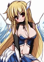 Rule 34 | 1girl, :&gt;, angel wings, artist request, astraea (sora no otoshimono), blonde hair, breasts, cleavage, female focus, highres, red eyes, sitting, sketch, skirt, smile, solo, sora no otoshimono, white background, wings