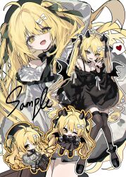 1girl absurdres bat_wings black_dress blonde_hair comsunghe dress fang fishnet_thighhighs fishnets hat highres horns long_hair multiple_views one_eye_closed original suitcase thighhighs twintails very_long_hair wings