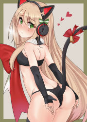 Rule 34 | 1girl, absurdres, animal ear headphones, animal ears, ass, bare shoulders, bell, blonde hair, blush, bow, cat ear headphones, cat ears, cat tail, christmas, cla (finesoda), covering privates, covering ass, cowboy shot, detached sleeves, fake animal ears, from behind, fur trim, girls&#039; frontline, green eyes, hair between eyes, headphones, heart, highres, long hair, looking at viewer, looking back, official alternate costume, red bow, simple background, solo, tail, thighhighs, tmp (girls&#039; frontline), tmp (red-eared cat) (girls&#039; frontline)