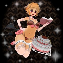 Rule 34 | 1girl, :o, blonde hair, blunt bangs, blush, book, bow, bow bra, bow panties, bra, breasts, brown bra, brown panties, cake, commentary request, curled horns, demon girl, demon horns, demon tail, demon wings, detached collar, earrings, elbow gloves, food, full body, garter straps, glint, gloves, hand on own hip, heart, heart earrings, highres, holding, horns, huge filesize, jewelry, looking at viewer, low wings, medium breasts, nijitama shiyushiyu, open book, open mouth, original, panties, pink bow, pink footwear, pointy ears, red eyes, round teeth, shoes, short hair, solo, tail, teeth, thighhighs, underwear, white gloves, wing collar, wings