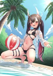 Rule 34 | 1girl, absurdres, azur lane, ball, beach, beachball, bikini, black bikini, black choker, black hair, blue sky, blush, breasts, choker, cloud, cloudy sky, colored inner hair, fangs, hatsuzuki (august&#039;s first romance) (azur lane), hatsuzuki (azur lane), highres, horns, jacket, marimo daifuku, multicolored hair, navel, official alternate costume, open mouth, palm tree, red eyes, red hair, sand, see-through, see-through jacket, sky, small breasts, solo, squatting, stomach, swimsuit, thigh strap, tree, twintails