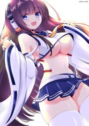 Rule 34 | 1girl, :d, alternate costume, ayanami (azur lane), ayanami (azur lane) (cosplay), azur lane, belt, black hair, blue eyes, blue skirt, breasts, choker, cleavage, commentary request, cosplay, detached sleeves, eyes visible through hair, headphones, highres, kamishiro (rsg10679), large breasts, long hair, long island (azur lane), looking at viewer, midriff, navel, open mouth, pleated skirt, ribbon-trimmed sleeves, ribbon trim, school uniform, serafuku, sidelocks, simple background, skirt, smile, solo, thighhighs, thighs, twitter username, underboob, white background, white thighhighs, wide sleeves, zettai ryouiki