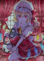 Rule 34 | 1girl, back bow, bow, chaka3464, checkered floor, collarbone, crystal, feet out of frame, flandre scarlet, frilled shirt collar, frilled skirt, frilled sleeves, frills, hat, highres, holding, holding polearm, holding weapon, indoors, laevatein (touhou), looking at viewer, making-of, medium hair, mob cap, multicolored wings, on floor, polearm, puffy short sleeves, puffy sleeves, red curtains, red eyes, red skirt, red vest, shirt, short sleeves, skirt, skirt set, solo, tongue, tongue out, touhou, traditional media, vest, weapon, white bow, white hat, white shirt, window, wings