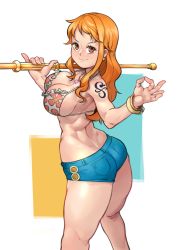 Rule 34 | 1girl, absurdres, ass, bikini, bikini top only, blue shorts, bracelet, breasts, cleavage, clima-tact, commentary, commission, commissioner upload, dimples of venus, earrings, english commentary, floral print, frilled bikini, frills, highres, holding, holding weapon, jewelry, kelvin hiu, large breasts, long hair, looking at viewer, money gesture, nami (one piece), necklace, one piece, one piece: strong world, orange eyes, orange hair, pearl necklace, pinky out, second-party source, short shorts, shorts, shoulder tattoo, sideboob, solo, swimsuit, tattoo, weapon