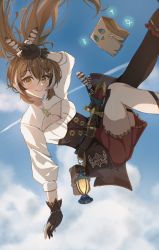 Rule 34 | 1girl, ahoge, aircraft, airplane, ankle boots, asymmetrical legwear, belt, boots, brown corset, brown eyes, brown hair, cleavage cutout, clothing cutout, cloud, cloudy sky, corset, dagger, falling, feather hair ornament, feathers, friend (nanashi mumei), gloves, hair ornament, hairclip, hand up, highres, hololive, hololive english, knee strap, kneehighs, knife, lantern, long hair, looking at viewer, multicolored hair, nanashi mumei, partially fingerless gloves, pleated skirt, ponytail, pouch, red skirt, runes, shirt, single kneehigh, single sock, single thighhigh, skirt, sky, smile, socks, streaked hair, thigh strap, thighhighs, very long hair, virtual youtuber, weapon, white shirt, yobi (ybpac18)