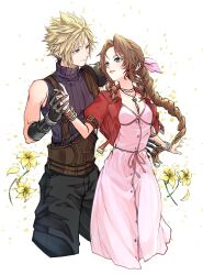 Rule 34 | 1boy, 1girl, 26caaan, aerith gainsborough, armor, baggy pants, bangle, belt, black gloves, blonde hair, blue eyes, blue shirt, bracelet, braid, braided ponytail, breasts, brown belt, brown hair, buttons, choker, cleavage, closed mouth, cloud strife, couple, cropped jacket, cropped legs, dress, falling petals, final fantasy, final fantasy vii, final fantasy vii rebirth, final fantasy vii remake, flower, flower choker, gloves, green eyes, grey pants, hair between eyes, hair ribbon, hetero, highres, holding hands, hover hand, jacket, jewelry, light smile, lily (flower), long dress, long hair, looking at another, medium breasts, multiple belts, pants, parted bangs, parted lips, petals, pink dress, pink ribbon, puffy short sleeves, puffy sleeves, red jacket, ribbon, shirt, short hair, short sleeves, shoulder armor, sidelocks, single bare shoulder, single braid, single shoulder pad, sleeveless, sleeveless turtleneck, smile, spiked hair, suspenders, turtleneck, wavy hair, white background, yellow flower, yellow petals