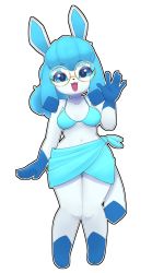 Rule 34 | 1girl, animal ears, bikini, blue bikini, blue hair, blue skin, blush, breasts, collarbone, colored skin, commission, creatures (company), full body, furry, furry female, game freak, gen 4 pokemon, glaceon, glasses, highres, jupiter europe, looking at viewer, multicolored hair, navel, nintendo, open mouth, personification, pokemon, pokemon (creature), round eyewear, short hair, short ponytail, sidelocks, small breasts, smile, solo, swimsuit, two-tone hair, white skin