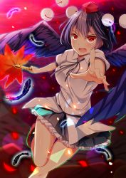 Rule 34 | 1girl, akine (kuroyuri), bare legs, black feathers, black skirt, feathered wings, feathers, hair ornament, highres, holding, looking at viewer, miniskirt, open mouth, pleated skirt, purple hair, red eyes, shameimaru aya, shirt, short hair, skirt, solo, thigh gap, touhou, white shirt, wings