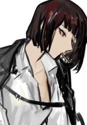 Rule 34 | 1girl, black coat, black hair, bob cut, closed mouth, coat, coat on shoulders, collared shirt, limbus company, looking to the side, nishikujic, project moon, red eyes, ryoshu (project moon), shirt, simple background, smoking, solo, upper body, white background, white shirt