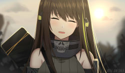 Rule 34 | 1girl, absurdres, brown eyes, brown hair, closed eyes, girls&#039; frontline, highres, jiafei2o3, long hair, looking at viewer, m4a1 (girls&#039; frontline), m4a1 (mod3) (girls&#039; frontline), mask, mask around neck, mod3 (girls&#039; frontline), multicolored hair, smile, solo, sweater