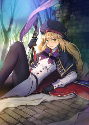 Rule 34 | 1girl, artoria caster (fate), artoria caster (second ascension) (fate), artoria pendragon (fate), black cape, black gloves, black pantyhose, blonde hair, blush, bow, breasts, brick floor, brick wall, buttons, cape, commentary request, double-breasted, dress, fate/grand order, fate (series), gloves, green eyes, hair between eyes, hat, highres, holding, holding staff, long hair, long sleeves, looking at viewer, lying, nonderi, open mouth, outdoors, pantyhose, parted lips, purple bow, red cape, smile, solo, staff, tree, twintails, two-sided cape, two-sided fabric