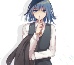 Rule 34 | 1girl, black jacket, black vest, blue hair, brown necktie, character request, collared shirt, commentary request, danganronpa (series), finger to mouth, green eyes, highres, index finger raised, jacket, unworn jacket, long sleeves, looking at viewer, medium hair, miyuzu, necktie, shirt, simple background, smile, solo, vest, white background