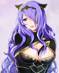 Rule 34 | 1girl, arms behind back, between breasts, breasts, camilla (fire emblem), cleavage, fire emblem, fire emblem fates, hair ornament, hair over one eye, lips, long hair, looking to the side, medium breasts, nintendo, parted lips, purple eyes, purple hair, smile, solo, tiara, tmngmzi, upper body