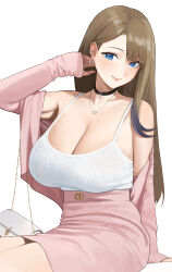 Rule 34 | 1girl, arm up, armpits, bare shoulders, black choker, blue eyes, blush, breasts, brown hair, camisole, choker, cleavage, closed mouth, commentary, ear piercing, english commentary, high-waist skirt, highres, jacket, jewelry, large breasts, looking at viewer, necklace, nhaliz, off shoulder, original, parted bangs, photo-referenced, piercing, pink jacket, pink skirt, simple background, skirt, smile, solo, white background, white camisole