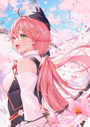 Rule 34 | 1girl, ahoge, bare shoulders, blush, branch, breasts, cherry blossoms, detached sleeves, flower, green eyes, hair between eyes, hair ornament, hairclip, highres, hololive, kainown, long hair, medium breasts, open mouth, outdoors, petals, pink hair, pink theme, sakura miko, sakura miko (casual), solo, tree, virtual youtuber, wind
