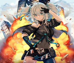Rule 34 | 1girl, absurdres, bare shoulders, black leotard, blue eyes, blue hair, blue legwear, blush, breasts, cityscape, covered navel, cowboy shot, day, explosion, floating hair, french flag, girls&#039; frontline, gloves, groin, hair between eyes, hair ornament, hand on own hip, hand up, heart, heart-shaped pupils, highres, leotard, looking at viewer, medium hair, ookamimiru, outdoors, pa-15 (girls&#039; frontline), sidelocks, silver hair, single leg pantyhose, small breasts, smile, standing, symbol-shaped pupils, v, wind