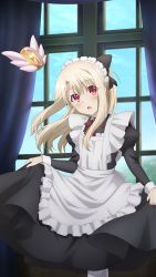 Rule 34 | 1girl, :o, absurdres, alternate costume, dress, enmaided, fate/kaleid liner prisma illya, fate (series), female focus, highres, illyasviel von einzbern, indoors, long hair, long sleeves, looking at viewer, magical ruby, maid, maid headdress, official art, open mouth, red eyes, solo, window