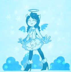 Rule 34 | 1girl, alice (bendy and the ink machine), bendy and the ink machine, black hair, black lips, boots, coat, gloves, halo, high heel boots, high heels, highres, horns, long hair, scarf, snow, wings