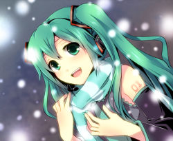 Rule 34 | 1girl, ate, ateru, bad id, bad pixiv id, detached sleeves, green eyes, green hair, hatsune miku, headset, matching hair/eyes, necktie, scarf, smile, snow, solo, striped clothes, striped scarf, twintails, vocaloid