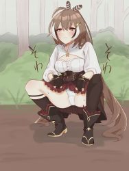 Rule 34 | 1girl, :s, ahoge, alhambara, ankle boots, asymmetrical legwear, belt, blush, boots, brown corset, brown eyes, brown hair, bush, cleavage cutout, clothing cutout, corset, dirt, feather hair ornament, feathers, forest, gloves, hair ornament, hairclip, highres, hololive, hololive english, knee strap, kneehighs, long hair, multicolored hair, nanashi mumei, nature, panties, partially fingerless gloves, pleated skirt, ponytail, red skirt, shirt, single kneehigh, single sock, single thighhigh, skirt, socks, streaked hair, sweat, thigh strap, thighhighs, tree, underwear, very long hair, virtual youtuber, white panties, white shirt