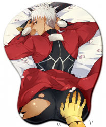 Rule 34 | 2boys, archer (fate), ass, ass grab, ass mousepad, blush, crossed swords, fate/stay night, fate (series), gilgamesh (fate), male focus, mousepad, mousepad (medium), multiple boys, out of frame, pinki (shounenkakuseiya), poking, sword, torn clothes, weapon, white hair