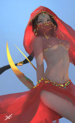 Rule 34 | 1girl, arabian clothes, arms behind back, black hair, bottomless, breasts, commentary, covered erect nipples, dagger, dancer, earrings, ghostblade, green eyes, harem outfit, headband, highres, holding, holding weapon, jewelry, knife, long hair, looking at viewer, low-tied long hair, mouth veil, navel, nipples, no panties, original, parted lips, ponytail, sarong, see-through, small breasts, solo, stomach, tiara, topless, underboob, veil, weapon, wlop