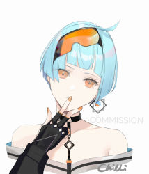 Rule 34 | 1girl, artist name, bad id, bad pixiv id, bare shoulders, black gloves, blue hair, chilli 646, closed mouth, collarbone, cropped torso, dress, earrings, eyewear on head, finger to mouth, fingerless gloves, girls&#039; frontline, gloves, highres, jewelry, looking at viewer, nail polish, orange eyes, orange nails, safety glasses, short hair, shushing, single earring, solo, upper body, white background, zas m21 (girls&#039; frontline)