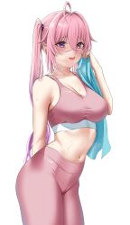 Rule 34 | 1girl, absurdres, ahoge, bare shoulders, bike shorts, blush, breasts, cleavage, collarbone, hair between eyes, heterochromia, highres, holding, holding towel, long hair, looking at viewer, medium breasts, navel, original, pink eyes, pink hair, pink sports bra, purple eyes, ryudraw, simple background, solo, sports bra, sportswear, stomach, sweat, tank top, towel, twintails, white background, wiping, wiping face, wiping sweat