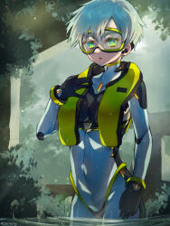 Rule 34 | 1girl, bodysuit, breasts, commission, diving mask, diving suit, earpiece, goggles, green eyes, grey hair, highres, medium breasts, original, partially submerged, short hair, skeb commission, solo, very short hair, yoineya