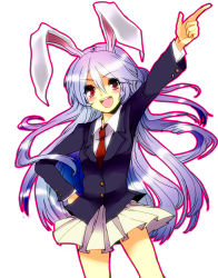 Rule 34 | 1girl, animal ears, blazer, colorized, female focus, hand on own hip, highres, jacket, long hair, necktie, open mouth, pleated skirt, pointing, pointing up, purple hair, rabbit ears, raraoa (lalaoa), red eyes, red necktie, reisen udongein inaba, skirt, solo, touhou, tsubame (00riko), tsubame shinderu