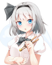 Rule 34 | 1girl, :o, arms up, black bow, black bowtie, blue eyes, blush, bow, bowtie, breasts, chopsticks, commentary request, hair ribbon, head tilt, holding, holding chopsticks, incoming food, konpaku youmu, konpaku youmu (ghost), looking at viewer, medium breasts, partial commentary, puffy short sleeves, puffy sleeves, ribbon, rururiaru, shirt, short hair, short sleeves, silver hair, simple background, solo, standing, teeth, touhou, upper body, upper teeth only, white background, white shirt