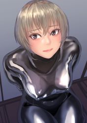 Rule 34 | 1girl, blonde hair, blush, bodysuit, breasts squeezed together, breasts, covered erect nipples, from above, grey eyes, hair between eyes, highres, kilye kairi, latex, latex bodysuit, looking at viewer, looking up, original, skin tight, solo