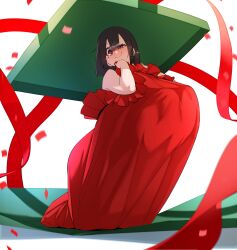Rule 34 | 1girl, bare shoulders, black hair, blush, box, breasts, christmas, full body, gift, gift box, gift wrapping, gigantic breasts, half-closed eye, highres, kneeling, looking at viewer, narita (naze), naze, no nose, original, red eyes, short hair, smile, solo, white background