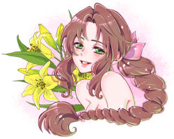 Rule 34 | 1girl, aerith gainsborough, artist name, blush, braid, braided ponytail, breasts, brown hair, cleavage, cropped torso, dated, final fantasy, final fantasy vii, final fantasy vii remake, flower, green eyes, hair ribbon, highres, lily (flower), long hair, looking at viewer, medium breasts, nude, parted bangs, parted lips, pink lips, pink ribbon, ribbon, shikiwo, sidelocks, single braid, smile, solo, wavy hair, yellow flower