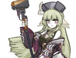 Rule 34 | :t, arknights, bare shoulders, belt, bird girl, black hat, black romper, blunt bangs, breasts, feather hair, feathers, grape (grayp), green hair, hammer, hat, hat feather, head wings, high belt, holding, holding hammer, holding weapon, jacket, jacket partially removed, long hair, looking at viewer, medium breasts, poncirus (arknights), pout, purple eyes, simple background, sledgehammer, upper body, weapon, white feathers, wings