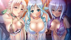 Rule 34 | 10s, 3girls, :d, aqua eyes, aqua hair, armpits, bare shoulders, blonde hair, blue eyes, blue hair, blush, bodysuit, bra, breast hold, breasts, breasts squeezed together, bridal gauntlets, brooch, cameltoe, candle, candlestand, circlet, cleavage, collar, covered erect nipples, cowboy shot, dark-skinned female, dark skin, detached sleeves, drill hair, elf, elysia (kyonyuu fantasy), fantasy, fins, game cg, garter belt, garter straps, gem, green eyes, groin, hair between eyes, hair tubes, half updo, halterneck, hand on own thigh, head fins, high ponytail, indoors, jewelry, kyonyuu fantasy, kyonyuu fantasy 2, large breasts, leaning forward, lens flare, light particles, light smile, lineup, long hair, long pointy ears, looking at viewer, lorelia (kyonyuu fantasy), mermaid, mizoro tadashi, monster girl, multiple girls, naughty face, navel, open mouth, panties, parted bangs, parted lips, pointy ears, ponytail, puffy nipples, q-gaku, red eyes, roreria (kyonyuu fantasy 2), see-through, shiny clothes, shiny skin, sidelocks, silver hair, smile, standing, sweat, swept bangs, thigh gap, thighhighs, two side up, underwear, very long hair, white panties, zebia (kyonyuu fantasy)