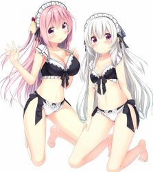 Rule 34 | 2girls, :o, bare arms, bare legs, bare shoulders, barefoot, bikini, black bikini, blush, bow, bow bikini, breasts, cleavage, closed mouth, collarbone, frilled bikini, frills, full body, hair between eyes, hands up, kneeling, long hair, looking at viewer, maid, maid bikini, maid headdress, medium breasts, multiple girls, navel, one side up, original, parted lips, pink hair, red eyes, silver hair, simple background, small breasts, smile, swimsuit, unconventional maid, usume shirou, very long hair, white background, white bikini