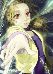 Rule 34 | 1girl, absurdres, blonde hair, brown eyes, choker, closed mouth, dress, final fantasy, final fantasy v, highres, krile mayer baldesion (ff5), lips, long hair, looking at viewer, outstretched hand, purple choker, purple dress, solo, umi kano