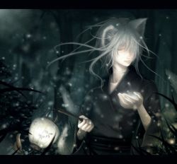 Rule 34 | 1boy, animal ears, bad id, bad pixiv id, forest, fox ears, fox tail, glowing, hair over one eye, japanese clothes, kimono, kurui, lamp, letterboxed, male focus, messy hair, multiple tails, nature, night, original, outdoors, short hair, silver hair, snow, solo, tail, tree, yukata