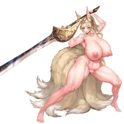 Rule 34 | 1girl, absurdres, animal ears, arms up, blonde hair, closed mouth, collarbone, commentary, copyright request, english commentary, fox ears, fox girl, fox tail, highres, holding, holding sword, holding weapon, kitsune, looking at viewer, meowx25, monster hunter (character), monster hunter (series), multiple tails, nipples, nude, smile, solo, standing, sword, tail, toned, uncensored, weapon, yellow eyes