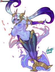 1girl absurdres artist_name blue_eyes breasts colored_nipples colored_skin fingerless_gloves gloves gradient_hair grey_hair highres large_breasts league_of_legends long_hair mermaid monster_girl multicolored_hair nami_(league_of_legends) navel nipples patreon_logo patreon_username print_gloves purple_gloves purple_hair purple_nipples purple_skin pussy shinda292 signature simple_background solo space_print starry_sky_print twintails two-tone_hair watermark web_address white_background