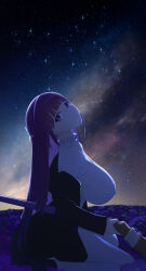 Rule 34 | 1girl, absurdres, alternate breast size, blunt bangs, breasts, closed mouth, commentary, covered erect nipples, dress, fern (sousou no frieren), from side, highres, huge breasts, long hair, long sleeves, looking at viewer, looking to the side, night, night sky, outdoors, purple eyes, purple hair, serelith, shaft look, sitting, sky, solo, sousou no frieren, star (sky), starry sky, white dress