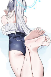 Rule 34 | 1girl, ass, blue archive, faceless, faceless female, facing away, feet, foot focus, frilled one-piece swimsuit, frills, from behind, grey hair, halo, highres, lying, miyako (blue archive), miyako (swimsuit) (blue archive), nakamura rohane, official alternate costume, on stomach, one-piece swimsuit, ponytail, simple background, soles, solo, sweatdrop, swimsuit, the pose, toenails, toes, white background