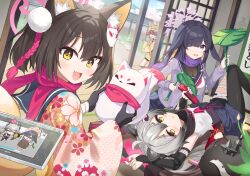 Rule 34 | 4girls, absurdres, animal ear fluff, animal ears, bandages, black hair, blue archive, blush, day, eye mask, fang, fishnets, floral print, fox ears, fox girl, fox hair ornament, fox tail, gradient hair, grey hair, hair ornament, hair over one eye, halo, highres, holding, izuna (blue archive), japanese clothes, long hair, looking at viewer, lying, mask, mearyo, michiru (blue archive), multicolored clothes, multicolored hair, multiple girls, on back, open clothes, open mouth, orange eyes, pink scarf, pleated skirt, pom pom (clothes), pom pom hair ornament, purple eyes, purple hair, purple scarf, rabbit ears, raccoon ears, raccoon girl, raccoon tail, red mask, sailor collar, scarf, school uniform, serafuku, skin fang, skirt, street mouryo (rl) (blue archive), sweat, tablet pc, tail, tsukuyo (blue archive), wide sleeves