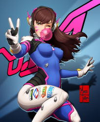 Rule 34 | 1girl, absurdres, animal print, blizzard (company), blue background, blue bodysuit, bodysuit, breasts, brown eyes, brown hair, blowing bubbles, character name, chewing gum, clothes writing, covered erect nipples, cowboy shot, d.va (overwatch), eduardo j. perez m., emblem, facepaint, facial mark, gloves, gradient background, headphones, high collar, highres, lips, long hair, looking at viewer, medium breasts, one eye closed, overwatch, overwatch 1, parted lips, pilot suit, rabbit print, ribbed bodysuit, shadow, shoulder pads, signature, skin tight, smile, solo, swept bangs, v, whisker markings, white gloves