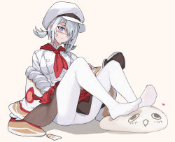 Rule 34 | 1girl, absurdres, blue eyes, blush, copyright request, full body, grey hair, hair over one eye, highres, jacket, no shoes, pantyhose, red scarf, scarf, sitting, solo, tunamayo (dsasd751), white headwear, white jacket, white pantyhose