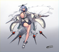 Rule 34 | 1girl, ankle boots, bad id, bad pixiv id, boots, breasts, collarbone, dual wielding, flower, gradient background, grey eyes, hair flower, hair ornament, highres, holding, jacket, jjune, knife, large breasts, long hair, long sleeves, making-of available, no bra, open clothes, open jacket, original, shirt, shorts, silver hair, smile, solo